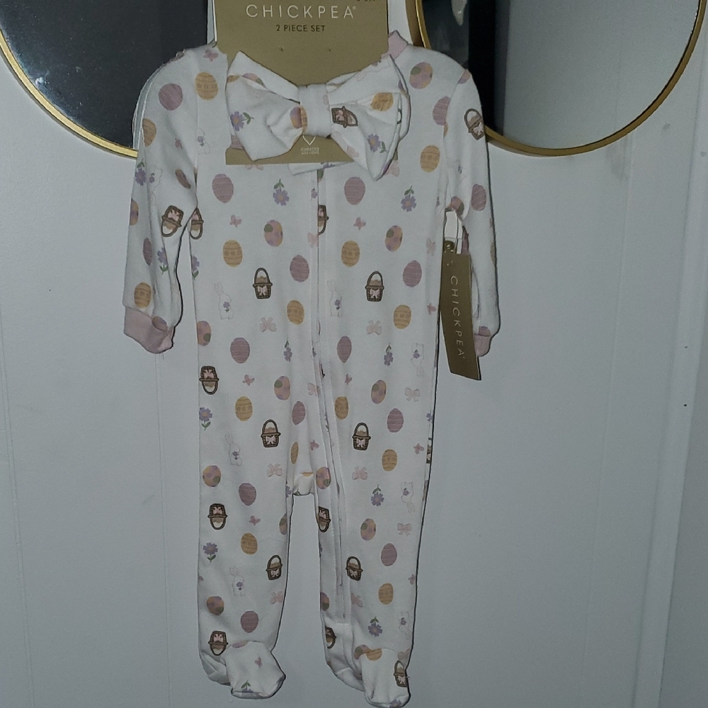 Chick Pea Pink and White Footed Onesie with Cute Easter Egg Matching Headband